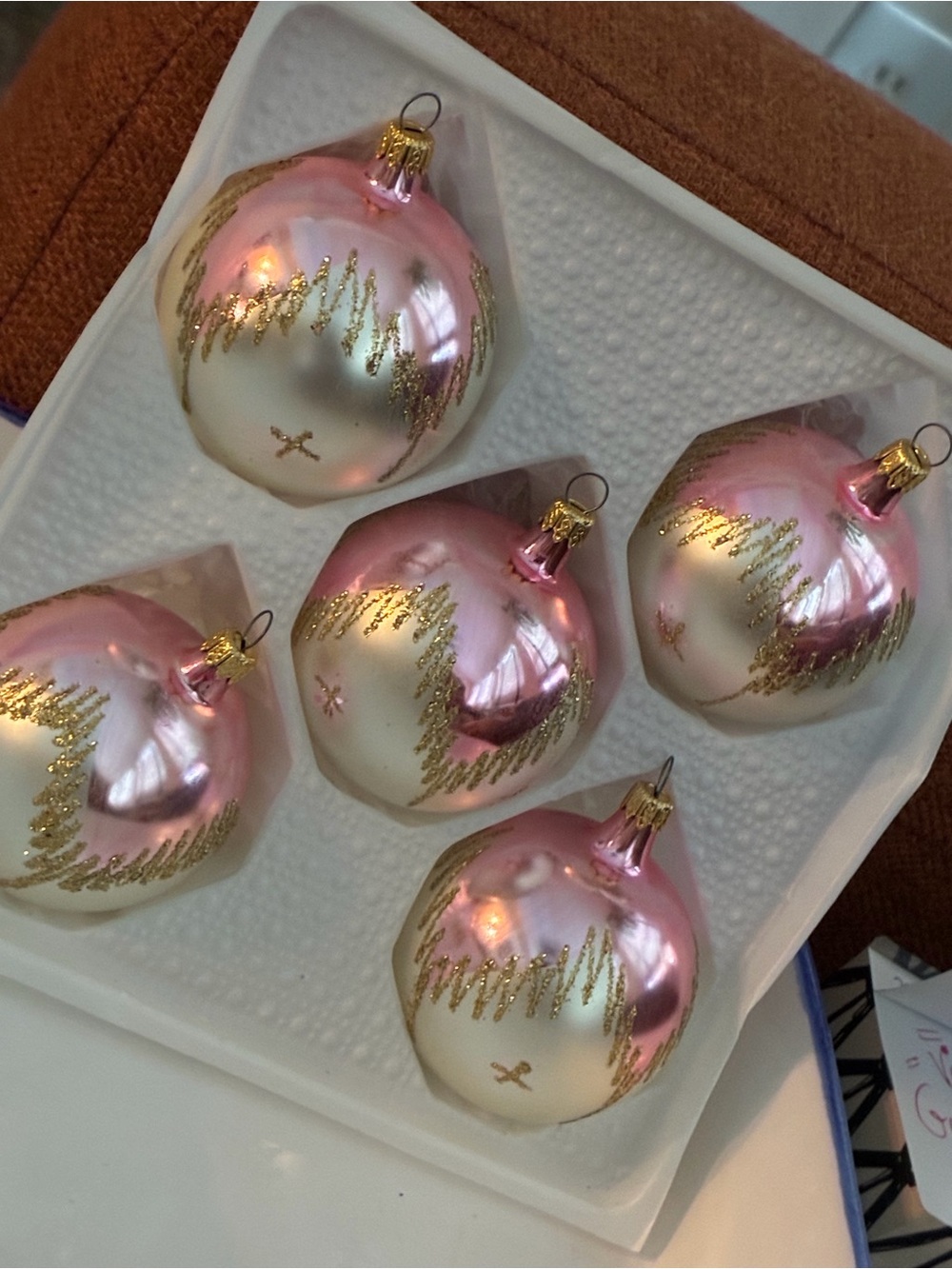 Pink and Cream Glass Vintage Christmas Ornament Set with Gold Glitter Accents